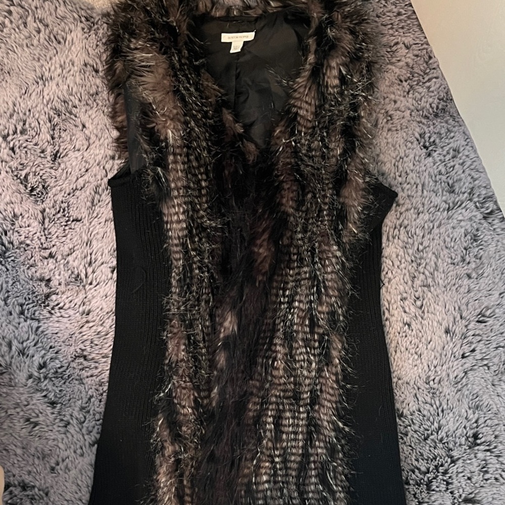 Boston Proper Black and Brown Fur-Trimmed Vest